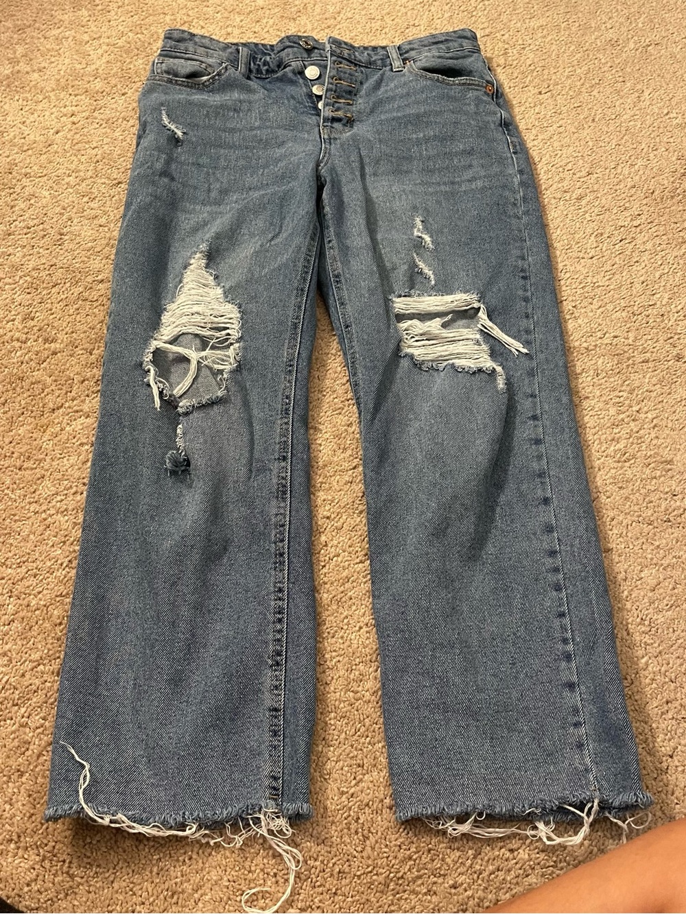 Button fly straight leg jeans raw hem